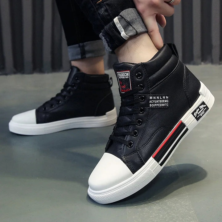 Plush White Shoes For Men Winter High Top Leather Sneakers Male Waterproof