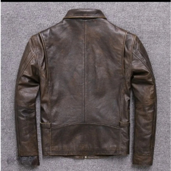 Men's Leather Jacket Spring and Autumn Brown Motorcycle Leather Jacket Retro Style