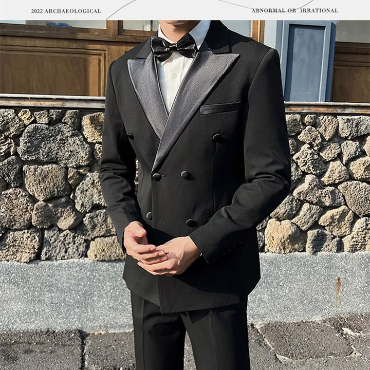 Man Elegant Black Double-Breasted Suit with Vest: Perfect for Formal Events