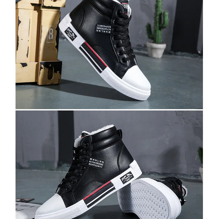 Plush White Shoes For Men Winter High Top Leather Sneakers Male Waterproof