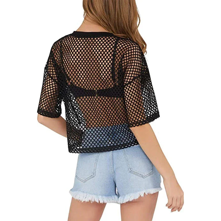 Fashion Lady Fishnet Transparent Crop Tops T-shirt For Women