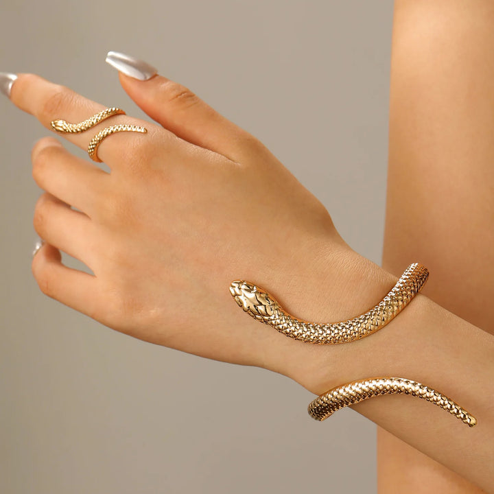 KMVEXO 2025 Punk Snake Bangles Ring Set For Women Snake Opening Cuff