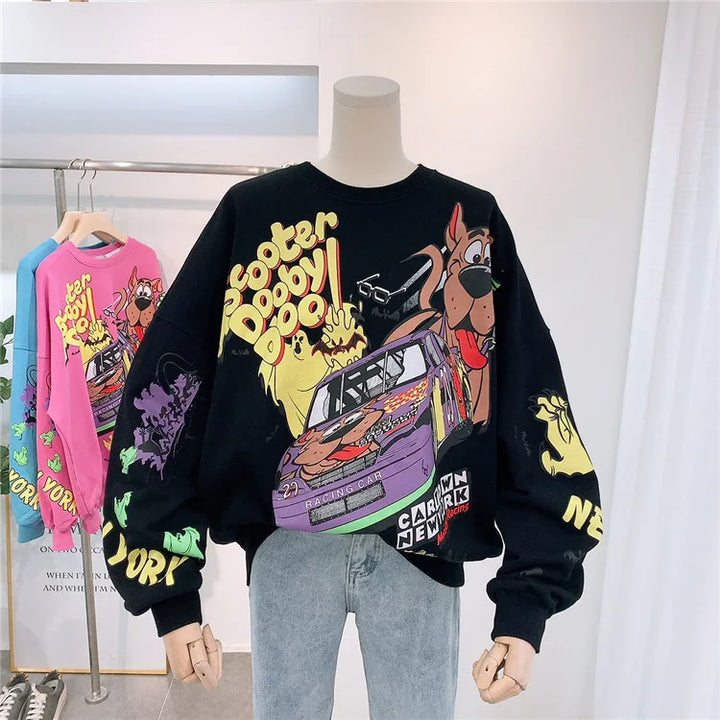 Letter Printing Sweatshirt Women High Street Cartoon Puppy Car Clothes