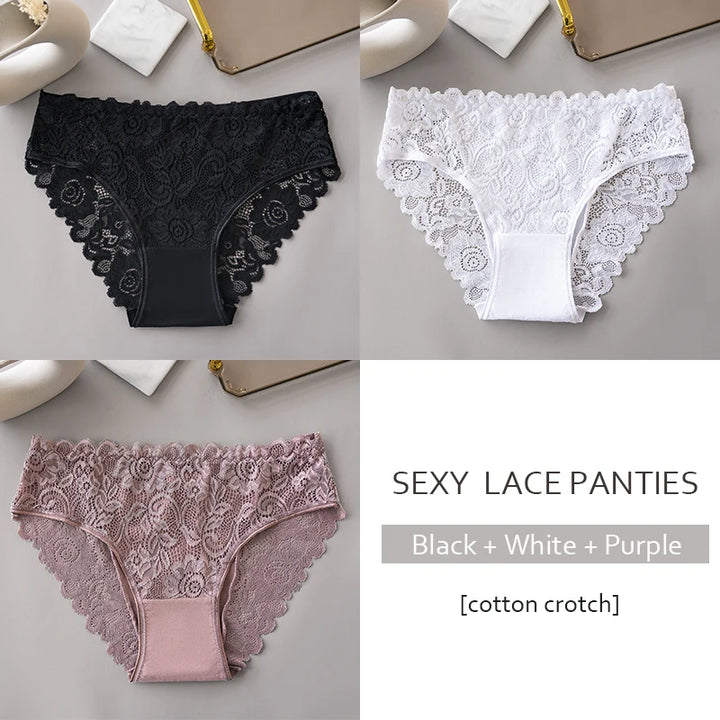 3PCS/Set Luxury Floral Embroidery Lace Panties Women Briefs Sexy Hollow Lingerie Female