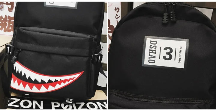 Designer shark mouth school backpacks college student girl boys waterproof