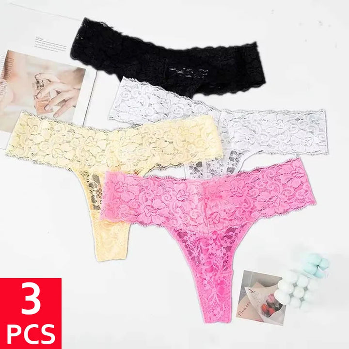 3PCS Lace Floral Women Panties Low Waist Breathable Briefs Female