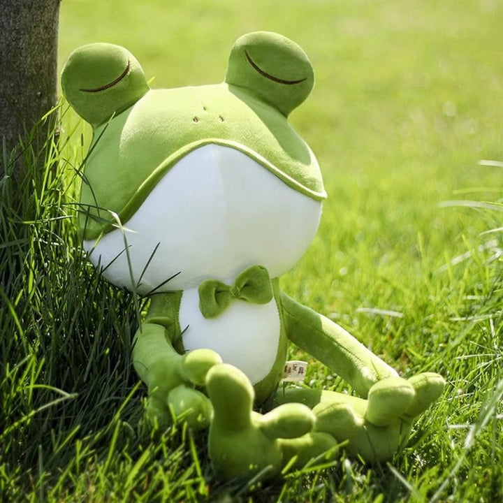 Cute Sleeping Frog Plush Toy Throw Pillow Playful Green Bow Squinting