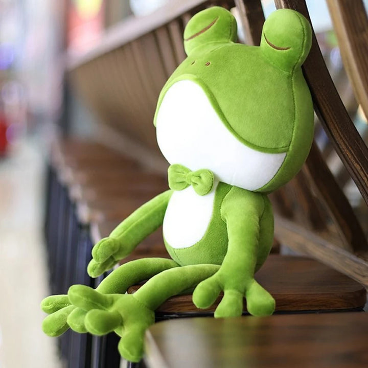 Cute Sleeping Frog Plush Toy Throw Pillow Playful Green Bow Squinting