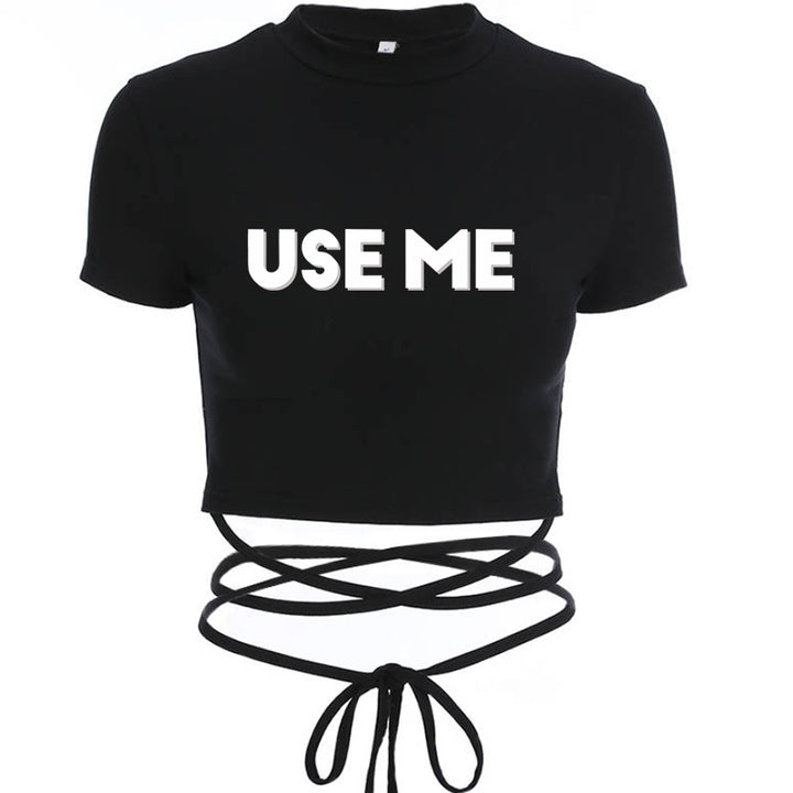 USE ME Sexy TShirt Women Black Short Crop Bandage Tee Tops Summer Fashion Girls