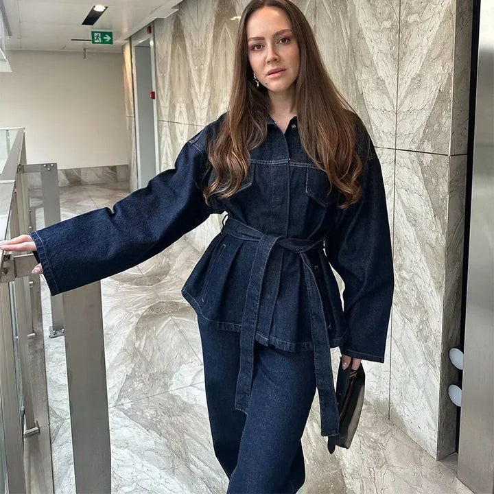 Fashion Women Blue Pocket Office Pants Suit Long Sleeve Lace Up Jacket Wide Leg Pants Sets 2025 Spring Casual Commuting Outfits