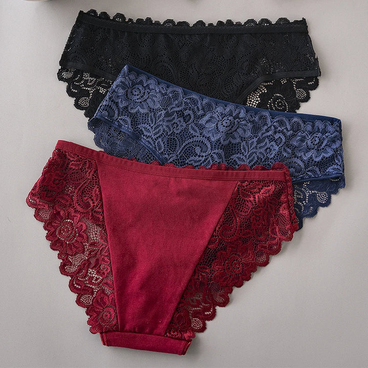 3PCS/Set Luxury Floral Embroidery Lace Panties Women Briefs Sexy Hollow Lingerie Female