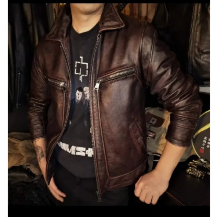 Men's Leather Jacket Spring and Autumn Brown Motorcycle Leather Jacket Retro Style