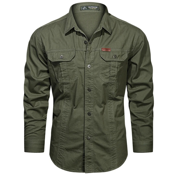 2024 Spring Cotton Cargo Shirt for Men Long Sleeve Multi-Pocket Shirts Outdoor