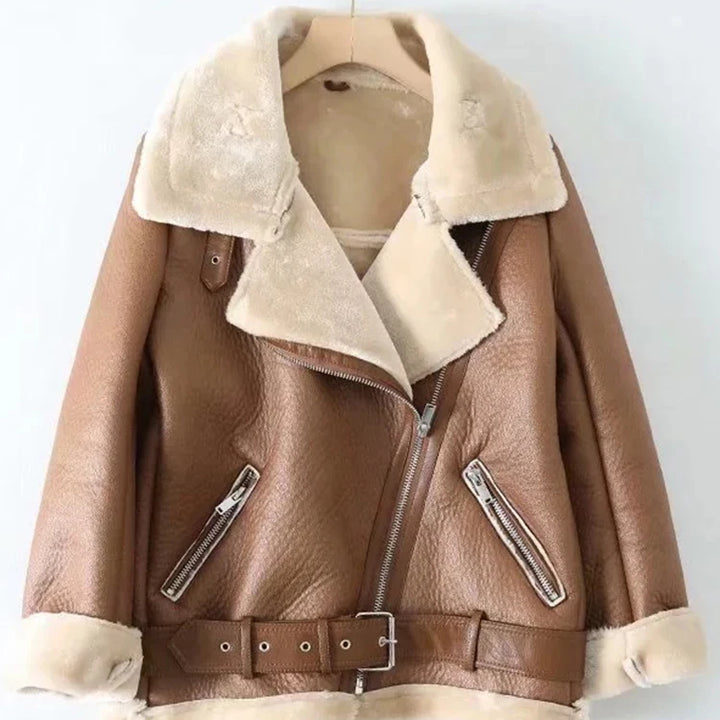 Ailegogo Winter Coats Women Thickness Faux Leather Fur Sheepskin Female