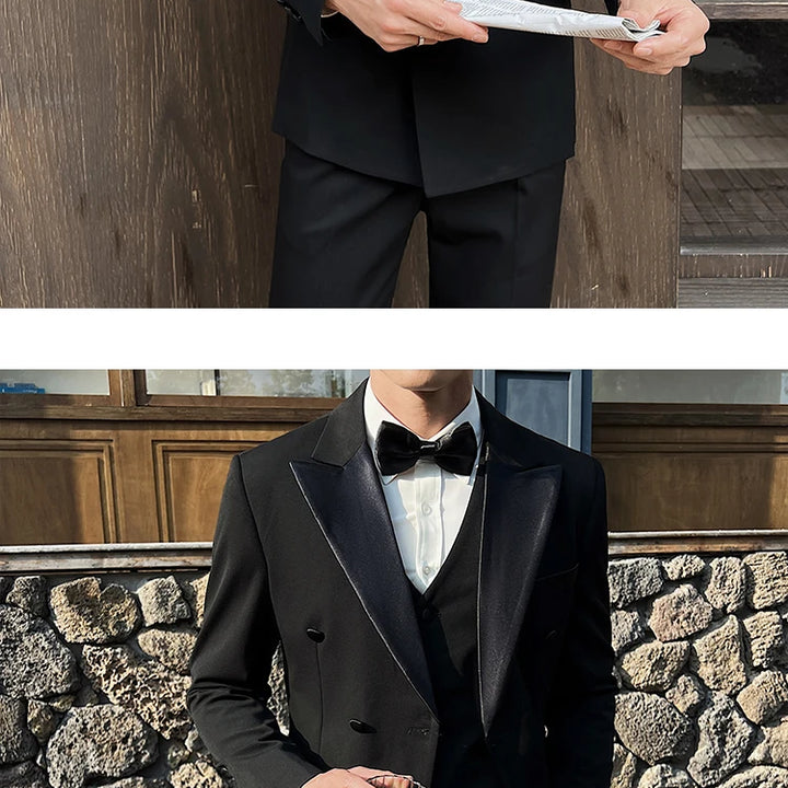 Man Elegant Black Double-Breasted Suit with Vest: Perfect for Formal Events