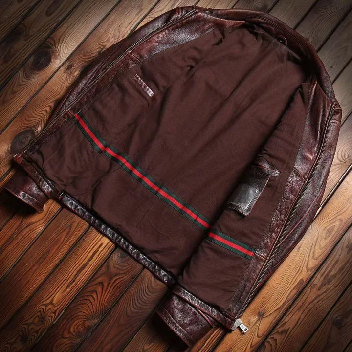 Men's Leather Jacket Spring and Autumn Brown Motorcycle Leather Jacket Retro Style