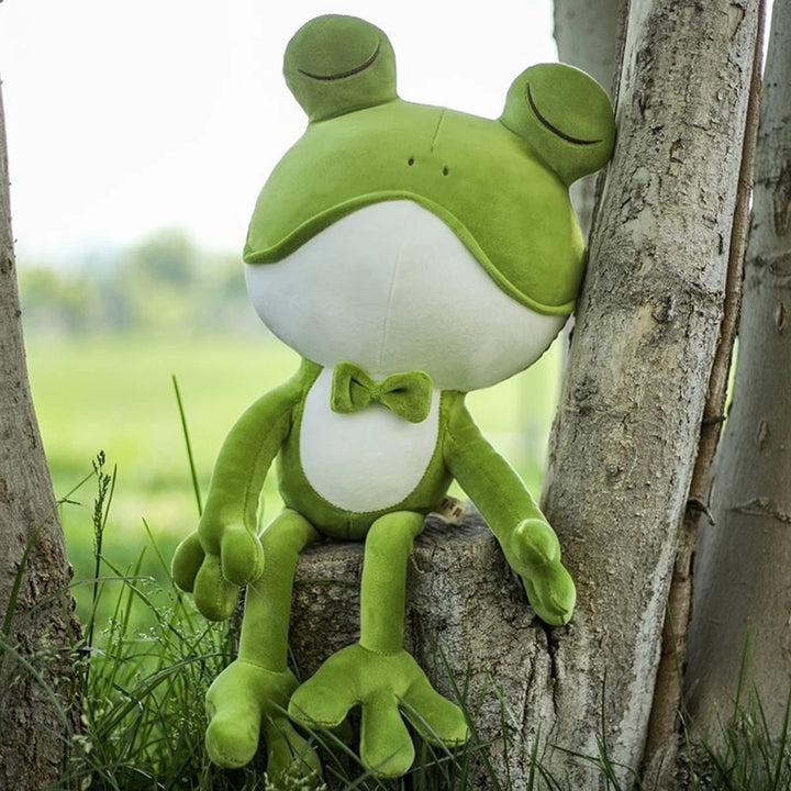 Cute Sleeping Frog Plush Toy Throw Pillow Playful Green Bow Squinting