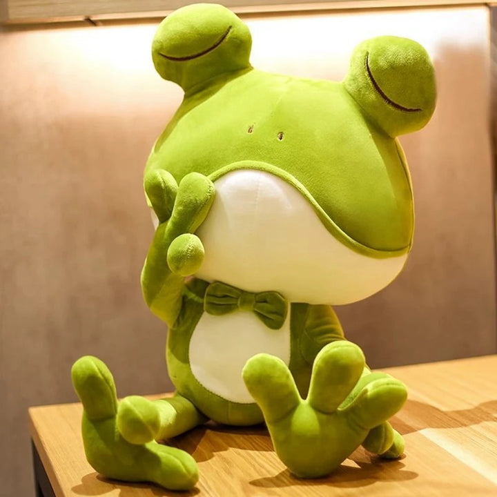 Cute Sleeping Frog Plush Toy Throw Pillow Playful Green Bow Squinting