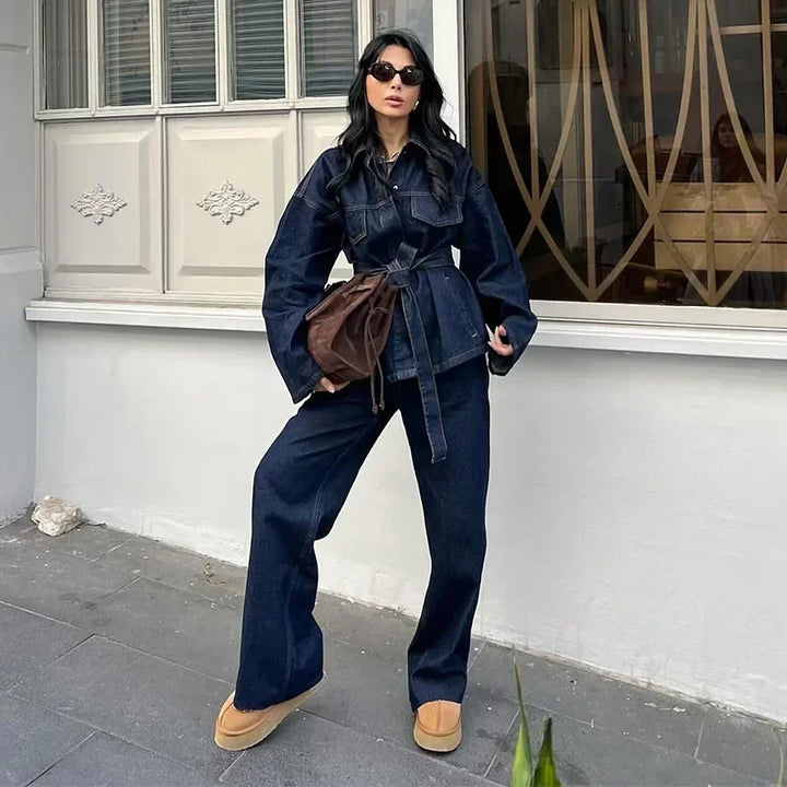 Fashion Women Blue Pocket Office Pants Suit Long Sleeve Lace Up Jacket Wide Leg Pants Sets 2025 Spring Casual Commuting Outfits