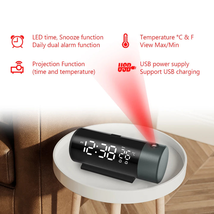 Digital Projection Alarm Clock With Temperature 180°Rotation USB Electronic