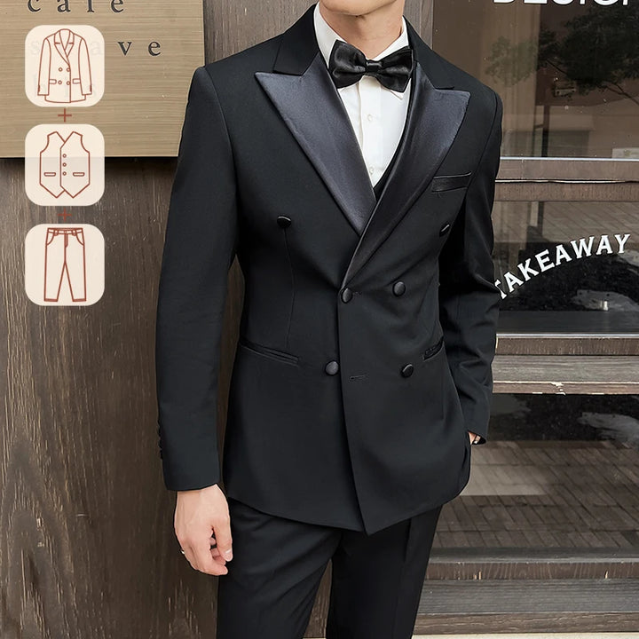 Man Elegant Black Double-Breasted Suit with Vest: Perfect for Formal Events