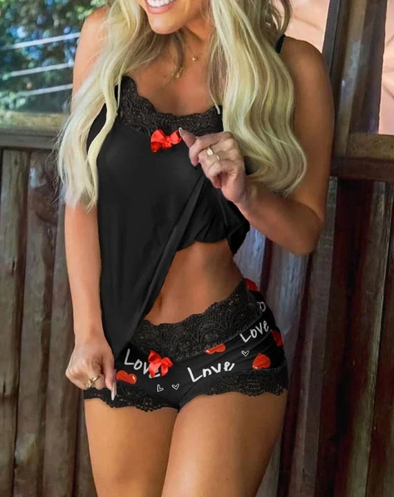 Plus Size Sexy Women Lingerie Set Heart Print Lingerie Lace Pajamas