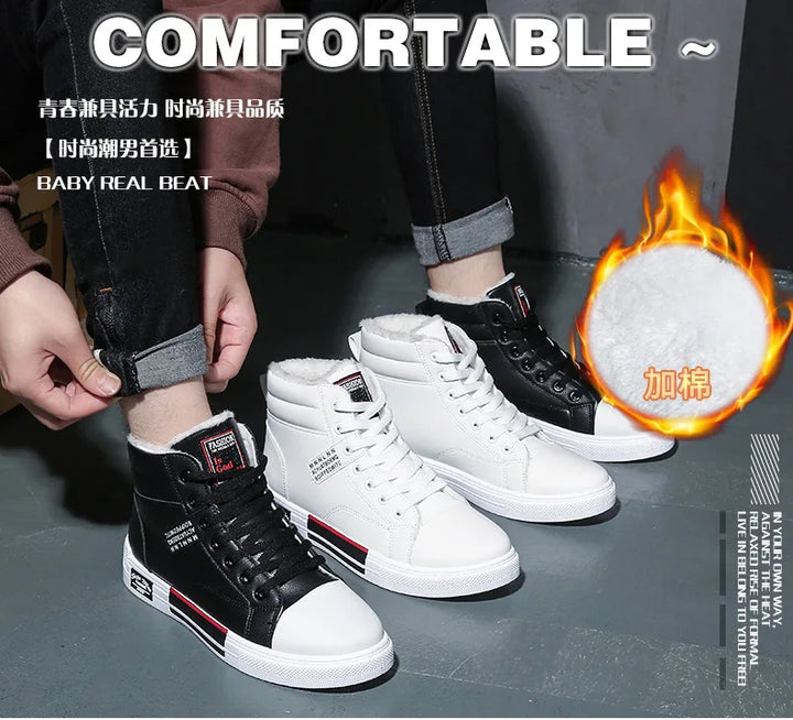 Plush White Shoes For Men Winter High Top Leather Sneakers Male Waterproof