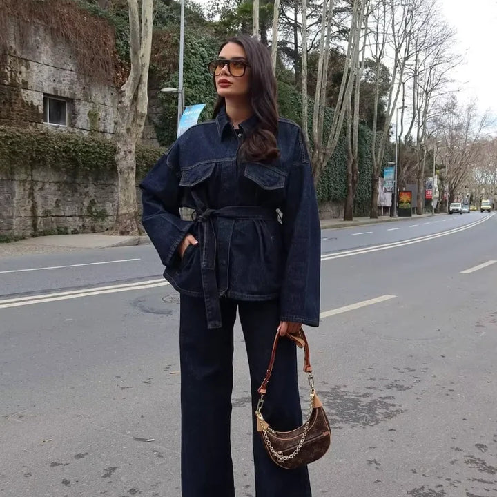 Fashion Women Blue Pocket Office Pants Suit Long Sleeve Lace Up Jacket Wide Leg Pants Sets 2025 Spring Casual Commuting Outfits