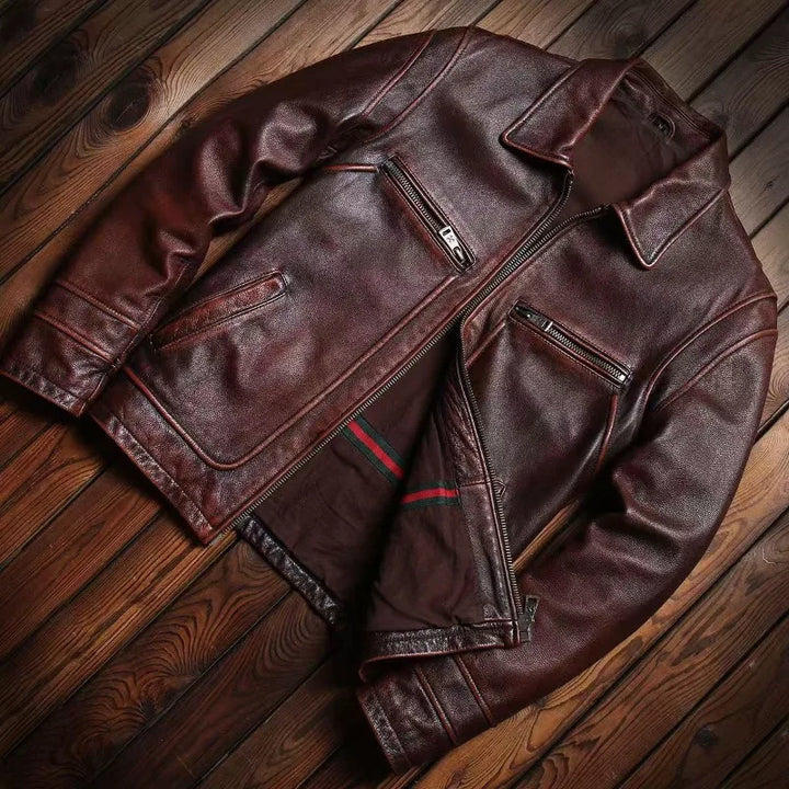 Men's Leather Jacket Spring and Autumn Brown Motorcycle Leather Jacket Retro Style