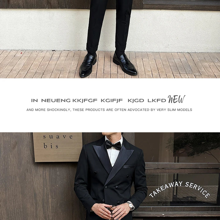 Man Elegant Black Double-Breasted Suit with Vest: Perfect for Formal Events