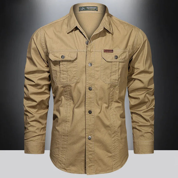 2024 Spring Cotton Cargo Shirt for Men Long Sleeve Multi-Pocket Shirts Outdoor