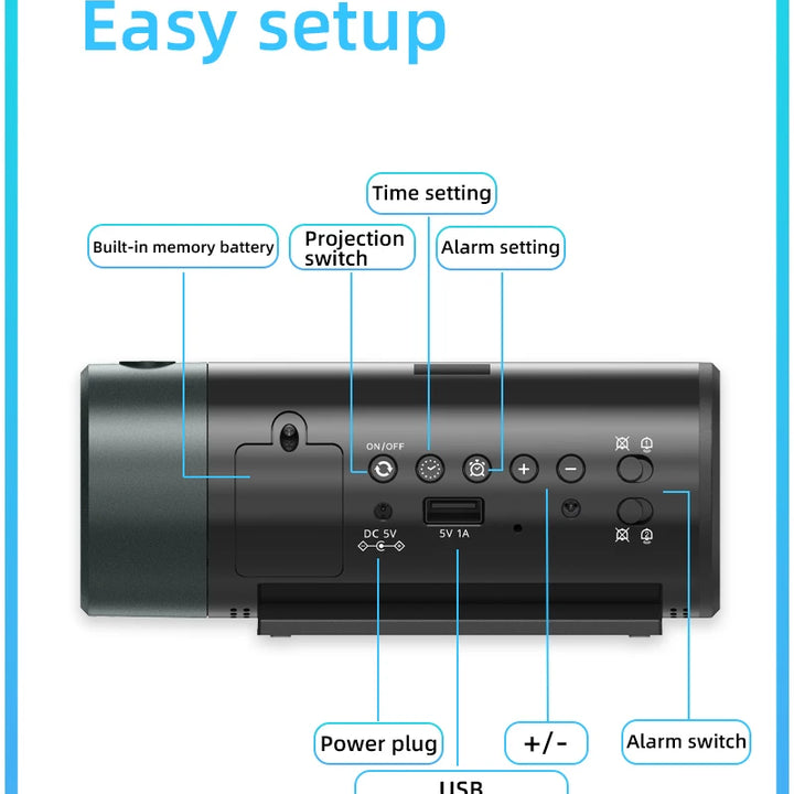 Digital Projection Alarm Clock With Temperature 180°Rotation USB Electronic