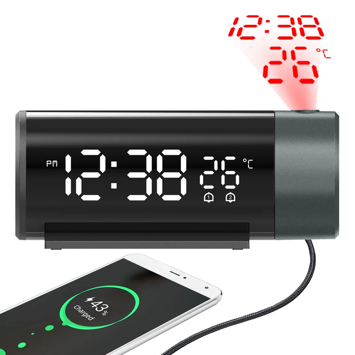 Digital Projection Alarm Clock With Temperature 180°Rotation USB Electronic