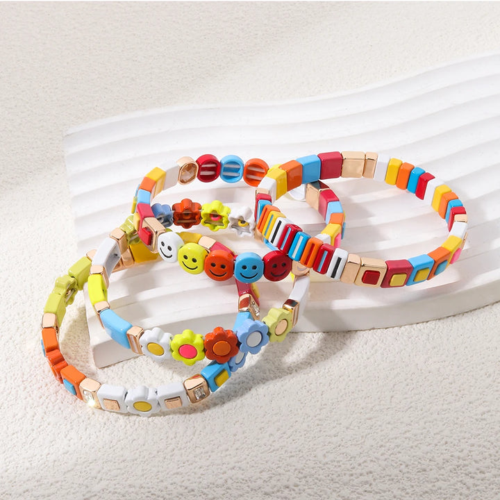 2025 Spring Rainbow Beaded Enamel Bangle For Women Colorful Beads Elastic Bracelets