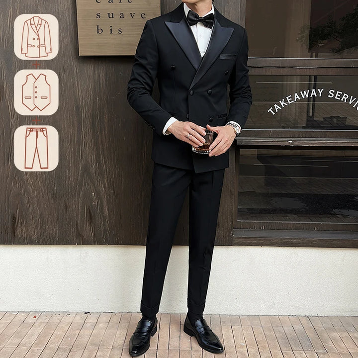 Man Elegant Black Double-Breasted Suit with Vest: Perfect for Formal Events