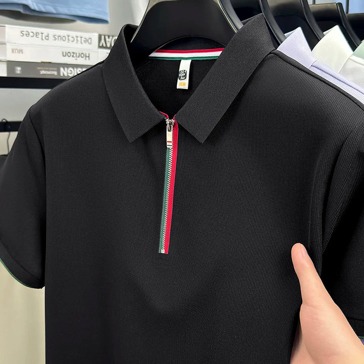 Men's Waffle Knit Polo Shirt with Zipper and Striped Trim - 6 Colors