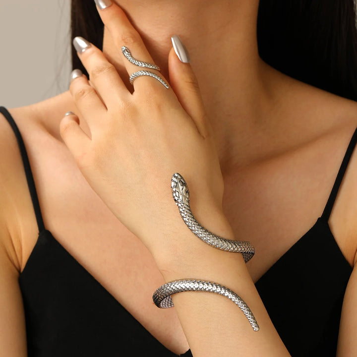 KMVEXO 2025 Punk Snake Bangles Ring Set For Women Snake Opening Cuff