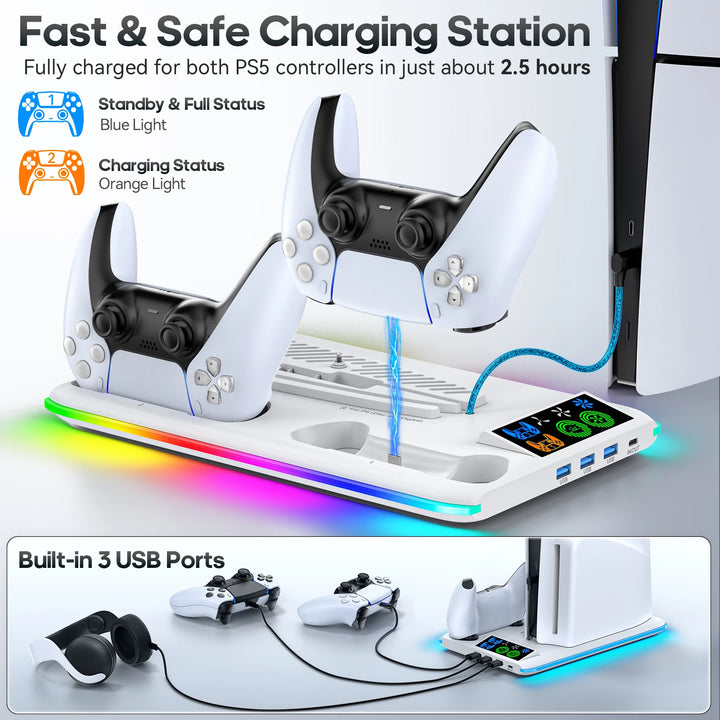 for PS5/PS5 Slim/PS5 Pro Stand with Headphone Hook Cooling Stand & Controller