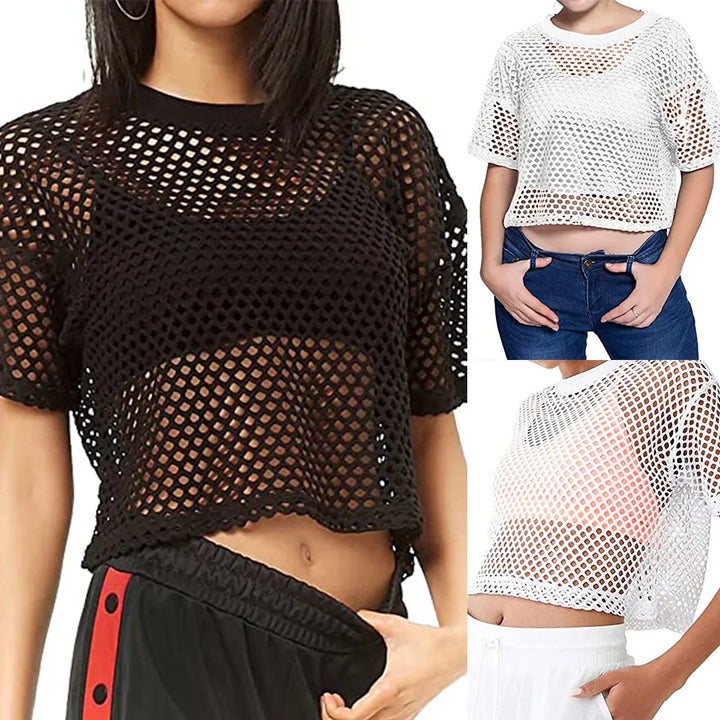 Fashion Lady Fishnet Transparent Crop Tops T-shirt For Women