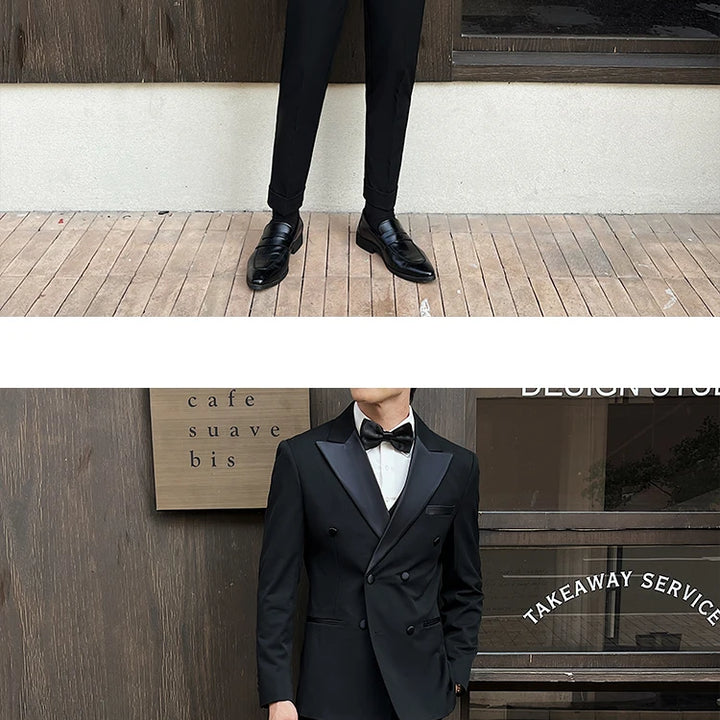 Man Elegant Black Double-Breasted Suit with Vest: Perfect for Formal Events