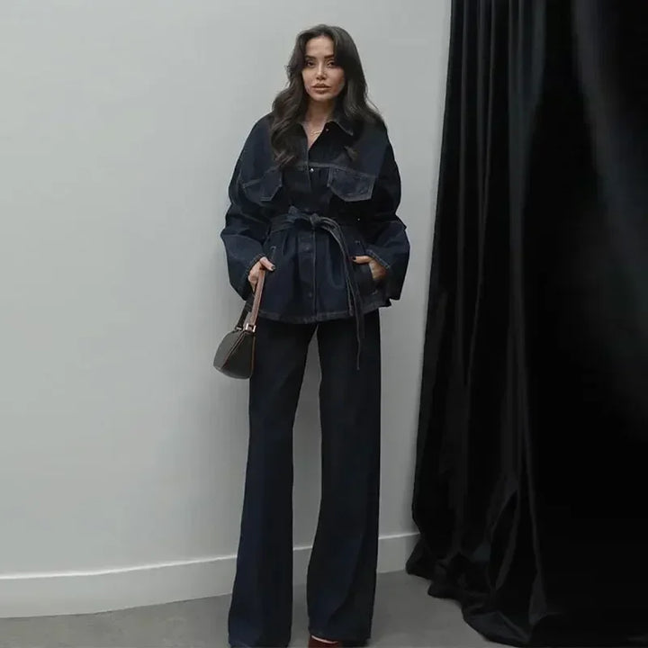 Fashion Women Blue Pocket Office Pants Suit Long Sleeve Lace Up Jacket Wide Leg Pants Sets 2025 Spring Casual Commuting Outfits