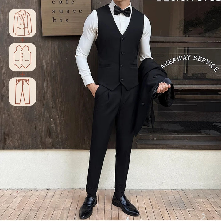 Man Elegant Black Double-Breasted Suit with Vest: Perfect for Formal Events