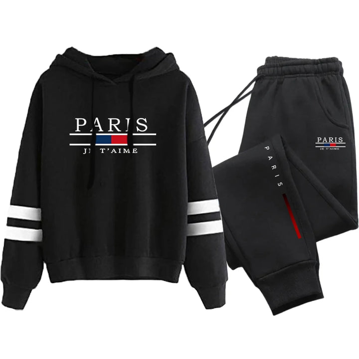 Hot Sale Women's Paris Printed Tracksuit Hooded Sweatshirts and Black