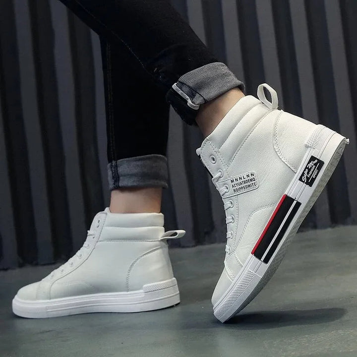 Plush White Shoes For Men Winter High Top Leather Sneakers Male Waterproof