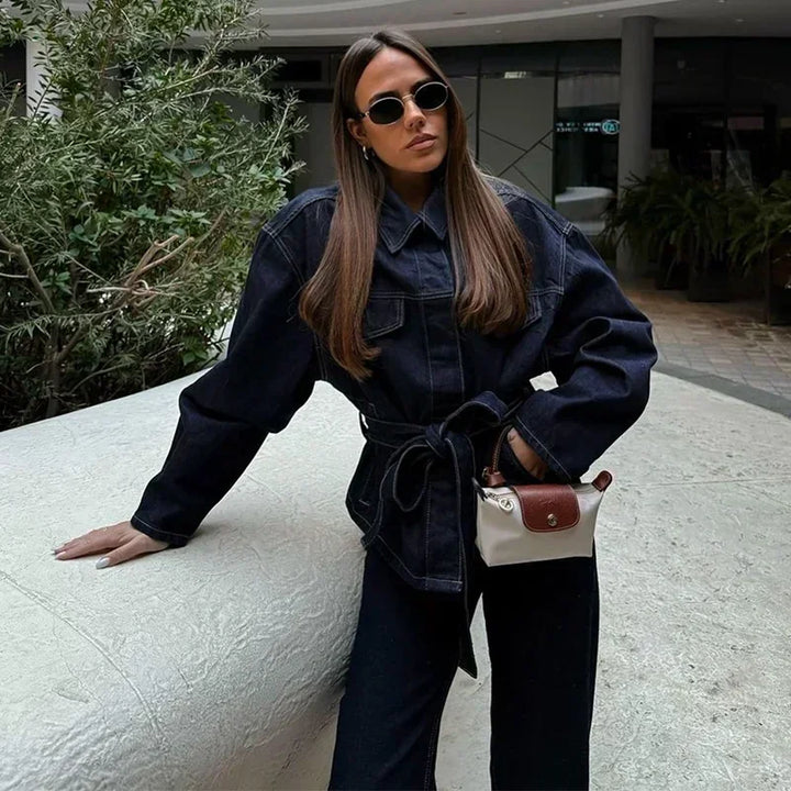 Fashion Women Blue Pocket Office Pants Suit Long Sleeve Lace Up Jacket Wide Leg Pants Sets 2025 Spring Casual Commuting Outfits