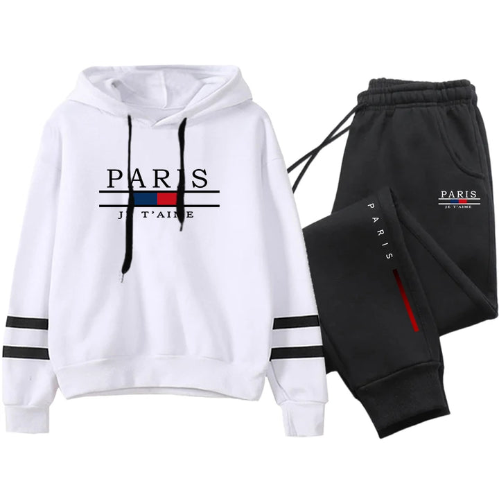 Hot Sale Women's Paris Printed Tracksuit Hooded Sweatshirts and Black