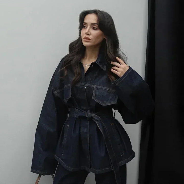 Fashion Women Blue Pocket Office Pants Suit Long Sleeve Lace Up Jacket Wide Leg Pants Sets 2025 Spring Casual Commuting Outfits