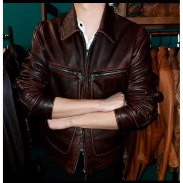 Men's Leather Jacket Spring and Autumn Brown Motorcycle Leather Jacket Retro Style