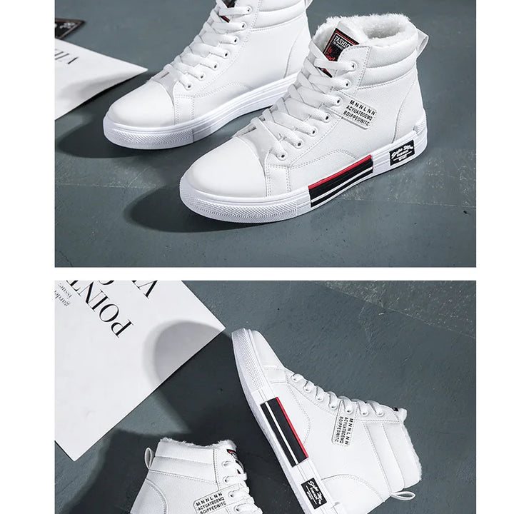 Plush White Shoes For Men Winter High Top Leather Sneakers Male Waterproof