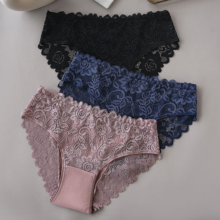 3PCS/Set Luxury Floral Embroidery Lace Panties Women Briefs Sexy Hollow Lingerie Female